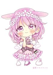 Rule 34 | 1girl, :t, animal ears, bare shoulders, blush, bow, character request, chibi, closed mouth, flower, frilled skirt, frills, full body, hair flower, hair ornament, hand up, high heels, highres, looking at viewer, pantyhose, pink eyes, pink footwear, pink hair, pink skirt, puffy short sleeves, puffy sleeves, rabbit ears, sakura oriko, shoes, short sleeves, simple background, skirt, solo, standing, standing on one leg, takasaki-sen meguri, translation request, white background, white bow, white flower, white pantyhose, white sleeves