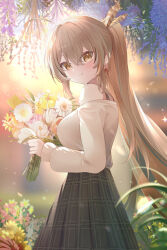 Rule 34 | 1girl, ahoge, alternate costume, backlighting, berry, blurry, blurry foreground, bouquet, brown eyes, brown hair, brown skirt, crossed bangs, earrings, falling petals, feather hair ornament, feathers, flower, flower request, food-themed earrings, from side, hair ornament, holding, holding bouquet, hololive, hololive english, jewelry, long hair, long skirt, looking at viewer, looking back, mujinbensin, multicolored hair, nanashi mumei, petals, plaid, plaid skirt, pleated skirt, ponytail, skirt, smile, streaked hair, sweater, turtleneck, turtleneck sweater, very long hair, virtual youtuber, white sweater