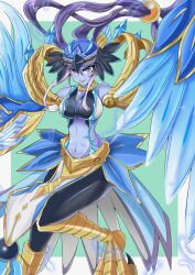 Rule 34 | 1girl, bakuma, bare shoulders, bird legs, blue eyes, blue feathers, blush, breasts, cleavage, colored skin, duel monster, feathers, harpy, hat, highres, large breasts, long hair, lyrilusc - ensemblue robin, midriff, monster girl, navel, open mouth, pelvic curtain, purple hair, purple skin, solo, talons, winged arms, wings, yu-gi-oh!