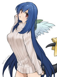 Rule 34 | 1girl, angel wings, asymmetrical wings, blue hair, breasts, dated, dizzy (guilty gear), guilty gear, hair down, large breasts, long hair, long sleeves, looking at viewer, looking to the side, maka (morphine), mature female, mini wings, monster girl, open mouth, ribbed sweater, ribbon, signature, simple background, sleeves past wrists, solo, sweater, tail, tail ornament, tail ribbon, turtleneck, turtleneck sweater, very long hair, white background, wings
