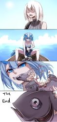 Rule 34 | 2girls, 4koma, bare shoulders, blue dress, blue eyes, blue hair, blue horns, boat, breasts, cleavage, comic, day, dragon girl, dragon horns, dress, eating, elatius the anchorwielder, fish, guro, highres, horns, long hair, multiple girls, ocean, original, outdoors, pixiv fantasia, pixiv fantasia revenge of the darkness, shaded face, sharp teeth, sitting, sky, spine, spread legs, teeth, twintails, uusquid, watercraft, white hair