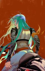 Rule 34 | 1girl, aqua hair, arknights, armband, arms at sides, black sleeves, blurry, closed mouth, cowboy shot, dated, depth of field, facial scar, floating hair, from behind, green hair, highres, horns, hoshiguma (arknights), layered clothes, light particles, liujingnian, long hair, long sleeves, looking at viewer, looking back, motor vehicle, pants, patterned, photo-referenced, print sleeves, profile, red background, scar, scar on cheek, scar on face, sideways glance, simple background, single horn, sitting, skin-covered horns, sleeveless, sleeves past wrists, solo, very long hair, white pants, wind, yellow eyes