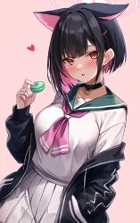 Rule 34 | 1girl, animal ears, black choker, black hair, black jacket, blue archive, blush, breasts, cat ears, choker, colored inner hair, food, green sailor collar, halo, highres, jacket, kazusa (blue archive), large breasts, long sleeves, looking at viewer, macaron, marisasu (marisa0904), multicolored hair, neckerchief, off shoulder, open clothes, open jacket, pink eyes, pink hair, pink neckerchief, pleated skirt, sailor collar, shirt, short hair, skirt, smile, solo, two-tone hair, white shirt, white skirt