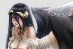 Rule 34 | 1girl, aftersex, albedo (overlord), ass, bad id, bad pixiv id, bare shoulders, black feathers, black hair, black wings, blush, breasts, cleavage, clothed sex, cum, cum in mouth, cum on ass, cum on body, cum on breasts, cum on clothes, cum on hair, cum on lower body, cum on upper body, cum string, cumdrip, demon girl, demon wings, detached collar, dress, facial, feathered wings, feathers, feng yezi, hair between eyes, hip vent, horns, large breasts, long hair, looking at viewer, low wings, mole, mole under eye, open mouth, overlord (maruyama), see-through, shirt, sidelocks, simple background, smile, solo, solo focus, very long hair, wet, wet clothes, wet shirt, white background, white dress, white shirt, wings, yellow eyes