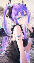 Rule 34 | 1girl, arm tattoo, bandaged arm, bandages, bare shoulders, black bow, black dress, black wings, blue eyes, blue hair, blush, bow, chromatic aberration, copyright request, dress, finger to mouth, from side, hair between eyes, hair bow, hand up, highres, long hair, looking at viewer, looking to the side, multicolored hair, nail polish, parted lips, purple hair, rin yuu, solo, streaked hair, tattoo, twintails, very long hair, wings, wrist cuffs
