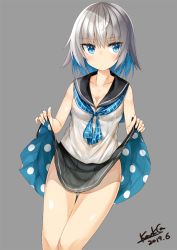 Rule 34 | 1girl, artist name, black skirt, blouse, blue eyes, blue hair, blue neckerchief, blush, breasts, cleavage, collarbone, dated, grey background, grey hair, kavka, lifting own clothes, looking at viewer, medium breasts, multicolored hair, neckerchief, no panties, original, plaid neckerchief, shirt, short hair, simple background, skirt, sleeveless, sleeveless shirt, solo, thighs, two-sided fabric, two-sided skirt