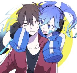 Rule 34 | 1boy, 1girl, black eyes, black hair, blue eyes, blue hair, blue jacket, border, brown hair, collared jacket, crypton future media, eiku, hair between eyes, headphones, hug, hug from behind, jacket, long hair, open clothes, open jacket, open mouth, piapro, round border, sleeves past fingers, sleeves past wrists, smile, thighhighs, track jacket, twintails, vocaloid