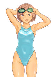 Rule 34 | 1girl, armpits, bad id, bad pixiv id, brown hair, competition swimsuit, ellesse, face, goggles, goggles on head, green eyes, one-piece swimsuit, original, shoko (moccom), short hair, smile, solo, swimsuit, wet