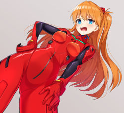 Rule 34 | 1girl, blue eyes, blush, bodysuit, curvy, grey background, hachinatsu, hand on own hip, highres, long hair, looking at viewer, neon genesis evangelion, open mouth, orange hair, plugsuit, red bodysuit, shiny clothes, simple background, solo, souryuu asuka langley, teeth, tsundere, upper teeth only, very long hair, wide hips