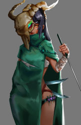 Rule 34 | 1girl, absurdres, aushi, bad id, bad pixiv id, bandaged arm, bandages, black hair, blood, blood on face, brown eyes, cape, clenched hand, dagger, grey background, highres, holding, holding dagger, holding knife, holding weapon, knife, long hair, looking at viewer, mask, sarashi, silent, sketch, skull mask, slay the spire, smile, solo, standing, syringe, the silent, torn cape, torn clothes, weapon