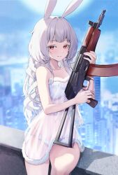 Rule 34 | 1girl, albino, animal ears, bare arms, bare legs, blush, bra, breasts, city, cityscape, collarbone, commentary request, grin, gun, holding, holding gun, holding weapon, ledge, lingerie, long hair, looking at viewer, medium breasts, negligee, original, pale skin, panties, pi tayuko, plump, rabbit ears, rabbit girl, red eyes, sitting, smile, smug, solo, underwear, very long hair, wavy hair, weapon, weapon request, white bra, white hair, white negligee, white panties