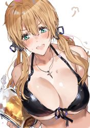 Rule 34 | 1girl, alcohol, aqua eyes, beer, beer mug, bikini, black bikini, blonde hair, blush, breasts, cleavage, collarbone, cup, front-tie bikini top, front-tie top, hair between eyes, highres, holding, holding cup, inusaka, jewelry, kantai collection, large breasts, long hair, low twintails, motion lines, mug, necklace, open mouth, prinz eugen (kancolle), simple background, solo, swimsuit, teeth, twintails, upper teeth only, white background