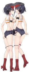 Rule 34 | 10s, 2girls, absurdres, ass, ass grab, bare back, bare shoulders, black gloves, blonde hair, breasts, brown eyes, clothes pull, crop top, from behind, full body, gloves, grabbing own ass, hat, headphones, highres, holding hands, i-13 (kancolle), i-14 (kancolle), kantai collection, looking at viewer, looking back, medium breasts, multiple girls, one-piece swimsuit pull, open mouth, partially fingerless gloves, profile, school swimsuit, short hair, siblings, sideboob, simple background, single glove, sisters, sketch, standing, swimsuit, white background, yuki (yukin0128)