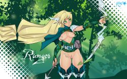 Rule 34 | 1girl, arrow (projectile), belt, blonde hair, boots, bow, bow (weapon), breasts, capelet, character name, elf, freckles, green eyes, green theme, hair ornament, highres, knee boots, long hair, nipple piercing, no pants, piercing, pointing, pointy ears, pouch, pussy, rafasanruby, ranger, solo, tattoo, uncensored, vambraces, weapon