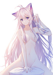 Rule 34 | 1girl, absurdres, animal ear fluff, animal ears, antenna hair, arm up, armpits, bad id, bad pixiv id, breasts, closed mouth, collarbone, commentary request, completely nude, convenient censoring, fox ears, fox girl, groin, hair between eyes, hair censor, hair over breasts, hand in own hair, highres, kirby d a, medium breasts, navel, nude, original, pillow, pink hair, purple eyes, simple background, smile, solo, spread legs, stomach, white background