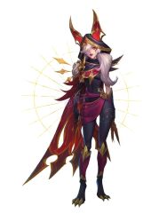 Rule 34 | 1girl, animal ears, arcana xayah, armor, black bodysuit, black cape, bodysuit, breasts, cape, fake animal ears, full body, grey hair, hair over one eye, hane nuo qing-ko, hood, hood up, league of legends, long hair, medium breasts, official alternate costume, parted lips, ponytail, red cape, red eyes, red lips, red skirt, shoulder armor, simple background, skirt, slit pupils, smile, solo, teeth, watermark, white background, xayah