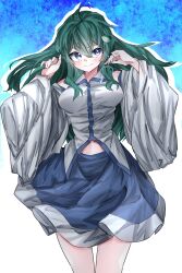 Rule 34 | 1girl, ahoge, arms up, blue background, blue eyes, blue skirt, blush, breasts, collared shirt, detached sleeves, feet out of frame, frog hair ornament, green hair, hair ornament, highres, kochiya sanae, large breasts, long hair, long skirt, looking at viewer, navel, nontraditional miko, shirt, skirt, sleeveless, sleeveless shirt, snake hair ornament, touhou, vivo (vivo sun 0222), white shirt, white sleeves, wide sleeves
