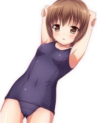 Rule 34 | 1girl, armpits, arms up, bad id, bare arms, blush, breasts, brown eyes, brown hair, covered navel, cowboy shot, dutch angle, highres, ki (kk-sk-ray), looking at viewer, one-piece swimsuit, original, school swimsuit, short hair, simple background, small breasts, solo, swimsuit, white background