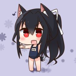 Rule 34 | 1girl, :d, animal ear fluff, animal ears, azur lane, bare arms, bare legs, bare shoulders, barefoot, black hair, blue one-piece swimsuit, blush, chibi, commentary request, fang, full body, hair between eyes, hair ribbon, hana kazari, heart, long hair, looking at viewer, old school swimsuit, one-piece swimsuit, open mouth, outstretched arm, ponytail, purple background, red eyes, ribbon, school swimsuit, shigure (attack i-490!) (azur lane), shigure (azur lane), smile, solo, standing, swimsuit, tail, v-shaped eyebrows, very long hair, white ribbon, wolf ears, wolf girl, wolf tail