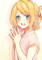 1boy, 1girl, aqua eyes, blonde hair, commentary, from side, hands together, hands up, hinata (princess apple), kagamine len, kagamine rin, looking back, nail polish, open mouth, out of frame, pink shirt, shirt, short hair, short sleeves, sideways glance, smile, steepled fingers, tying hair, upper body, vocaloid, yellow nails