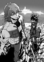 Rule 34 | 2boys, absurdres, boots, bruno (yu-gi-oh!), city, city lights, elbow pads, facial mark, facial tattoo, foreshortening, from above, fudo yusei, glaring, greyscale, half-closed eyes, hand in pocket, high collar, highres, jacket, junkyard, knee boots, knee pads, looking back, male focus, marking on cheek, monochrome, multiple boys, ocean, open clothes, open jacket, outdoors, pants, parted lips, pocket, screentones, shirt, shoes, short hair, shoulder pads, skyline, sleeves rolled up, sneakers, spiked hair, standing, t-shirt, tattoo, youko-shima, yu-gi-oh!, yu-gi-oh! 5d&#039;s