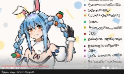 Rule 34 | 1girl, animal ear fluff, animal ears, bad id, bad tumblr id, black gloves, blue hair, blush, braid, breasts, carrot hair ornament, cleavage, closed mouth, commentary, don-chan (usada pekora), english commentary, food-themed hair ornament, gloves, hair ornament, harlequin-wheels, hololive, jerma985, long hair, looking at viewer, medium breasts, meme, multicolored hair, rabbit ears, solo, twin braids, two-tone hair, upper body, usada pekora, usada pekora (1st costume), virtual youtuber, white hair, youtube