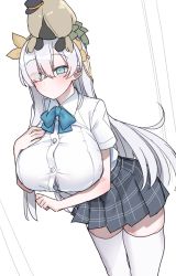 Rule 34 | 1girl, akitokage, alternate breast size, anastasia (fate), blue eyes, blush, breasts, button gap, doll, fate/grand order, fate (series), hair over one eye, hairband, highres, huge breasts, long hair, looking at viewer, school uniform, silver hair, very long hair, viy (fate)