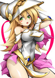 Rule 34 | 1girl, absurdres, adapted costume, alternate color, arms behind back, bad id, bad pixiv id, bare shoulders, blonde hair, breasts, choker, cleavage, cowboy shot, dark magician girl, green eyes, hand in own hair, hat, highres, large breasts, legs, miniskirt, pelvic curtain, skirt, solo, thighs, white background, witch hat, yotaro, yu-gi-oh!, yu-gi-oh! duel monsters