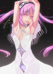 Rule 34 | 1girl, armpits, arms up, choker, fate/grand order, fate/hollow ataraxia, fate (series), headband, long hair, looking at viewer, panties, purple eyes, purple hair, purple panties, revealing clothes, see-through, smile, smug, stheno (fate), tagme, thighs, twintails, underwear