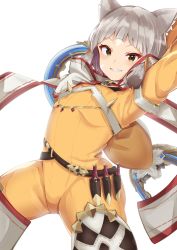 Rule 34 | 1girl, :d, absurdres, animal ears, brown eyes, brown hair, cat ears, cat girl, chakram, dagger, facepaint, grin, h-yasui, highres, holding, holding weapon, jumpsuit, knife, nia (xenoblade), open mouth, sheath, sheathed, short hair, simple background, smile, solo, teeth, weapon, white background, xenoblade chronicles (series), xenoblade chronicles 2, yellow jumpsuit