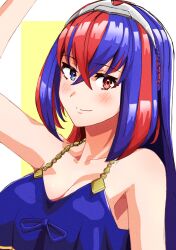 Rule 34 | 1girl, alear (female) (fire emblem), alear (fire emblem), blue eyes, blue hair, blush, breasts, cleavage, closed mouth, crossed bangs, fire emblem, fire emblem engage, hair between eyes, heterochromia, highres, large breasts, light smile, long hair, looking at viewer, multicolored hair, nintendo, official alternate costume, red eyes, red hair, solo, split-color hair, swimsuit, tiara, to (tototo tk), two-tone hair