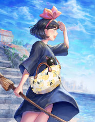 Rule 34 | 1girl, :d, animal, bag, black eyes, black hair, blush, bow, broom, building, cat, cloud, dress, dutch angle, hair bow, handbag, holding, jiji (majo no takkyuubin), kankito, kiki (majo no takkyuubin), looking away, majo no takkyuubin, ocean, open mouth, outdoors, profile, red bow, short hair, sky, smile, stairs, standing, studio ghibli, wind, wind lift, witch