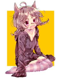 Rule 34 | 1girl, ahoge, animal ears, bad id, bad pixiv id, bandaid, bandaid on face, bandaid on nose, black hoodie, blush, braid, breasts, brown hair, cleavage, collarbone, commentary request, drawstring, fang, highres, hood, hood down, hoodie, long sleeves, low twintails, naoton, open mouth, original, oversized clothes, purple eyes, sitting, sleeves past fingers, sleeves past wrists, small breasts, solo, striped clothes, striped thighhighs, thighhighs, twin braids, twintails, two-tone background, wariza, white background, wolf ears, yellow background