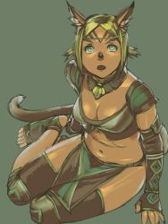 Rule 34 | 1girl, animal ear fluff, animal ears, blonde hair, blue eyes, breasts, brown gloves, cat ears, cat girl, cat tail, cleavage, dark-skinned female, dark skin, elbow gloves, final fantasy, final fantasy xi, fingerless gloves, gloves, green background, loincloth, looking up, medium breasts, mithra (ff11), navel, no eyebrows, open mouth, parted bangs, short hair, short twintails, simple background, sitting, solo, tail, toeless footwear, twintails, yokozuwari, yuccoshi
