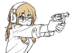 Rule 34 | aiming, blonde hair, buttons, character request, check character, closed mouth, earmuffs, grey eyes, gun, handgun, holding, holding weapon, jacket, kotobuki tsumugi, long hair, long sleeves, one eye closed, original, ostwindprojekt, partially colored, revolver, safety glasses, simple background, thick eyebrows, upper body, weapon, white background