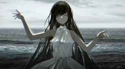 Rule 34 | 1girl, artist request, bare arms, bare shoulders, brown hair, closed eyes, cloud, cloudy sky, dress, floating scarf, greyscale, long hair, monochrome, ocean, ress, scarf, sky, sleeveless, sleeveless dress, smile, solo, very long hair, water, white dress