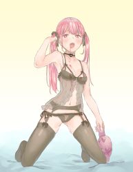 Rule 34 | 1girl, absurdres, armpits, black panties, black ribbon, black thighhighs, blood, blood on face, blush, bomhat, breasts, choker, collarbone, fangs, full body, garter belt, gradient background, hair ribbon, hand in own hair, highres, holding, holding stuffed toy, kneeling, lingerie, long hair, looking at viewer, navel, negligee, open mouth, original, panties, pink hair, red eyes, ribbon, see-through, small breasts, solo, stuffed animal, stuffed toy, teddy bear, thighhighs, traditional media, twintails, underwear