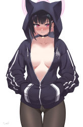 Rule 34 | 1girl, 3:, absurdres, animal hood, black choker, black hair, black jacket, black pantyhose, blue archive, blush, breasts, choker, cleavage, closed mouth, collarbone, colored inner hair, cowboy shot, drawstring, hair ornament, hairclip, halo, hands in pockets, highres, hood, hood up, hooded jacket, jacket, kazusa (blue archive), long sleeves, looking back, medium breasts, multicolored hair, no bra, no pants, nose blush, open clothes, open jacket, panties, panties under pantyhose, pantyhose, pink eyes, pink hair, red hair, short hair, simple background, solo, tomid, two-tone hair, underwear, white background, white panties