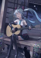 Rule 34 | 1girl, absurdres, acoustic guitar, ahoge, aqua hair, aqua necktie, arm tattoo, blue hair, blue necktie, boots, breasts, cabin, cat, closed eyes, collared shirt, commentary request, crossed legs, elbow gloves, electric fan, floating hair, flower, gloves, guitar, hatsune miku, hatsune miku (vocaloid4), headphones, highres, huge filesize, instrument, long hair, music, necktie, night, night sky, open mouth, playing instrument, pleated skirt, plectrum, purple flower, shibatadtm, shirt, singing, sitting, skirt, sky, sleeveless, small breasts, solo, tattoo, teapot, thigh boots, thighhighs, twintails, very long hair, vocaloid, wind chime, wooden floor, zettai ryouiki
