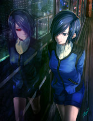 Rule 34 | 10s, 1girl, black hair, black sclera, blue eyes, colored sclera, different reflection, dual persona, hair over one eye, highres, kirishima touka, long sleeves, md5 mismatch, ranh, red eyes, reflection, short hair, short shorts, shorts, solo, tokyo ghoul, window