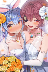 Rule 34 | 2girls, :d, absurdres, blue hair, blush, bouquet, breast press, breasts, cleavage, collarbone, commentary request, detached sleeves, dress, eyepatch, flower, hair flower, hair ornament, hairband, highres, hololive, houshou marine, jewelry, kokutamotsu, large breasts, looking at viewer, medium breasts, multiple girls, necklace, open mouth, orange eyes, orange flower, orange rose, rabbit-shaped pupils, red eyes, rose, smile, symbol-shaped pupils, usada pekora, virtual youtuber, wedding dress, white dress, white hairband, white sleeves, yellow flower, yellow rose