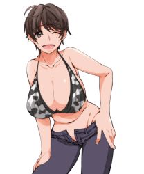 Rule 34 | 10s, 1girl, animal print, bad id, bad pixiv id, bare shoulders, bikini, bikini top only, breasts, brown eyes, brown hair, cleavage, cow print, denim, huge breasts, idolmaster, idolmaster cinderella girls, jeans, looking at viewer, minimaki, navel, oikawa shizuku, one eye closed, open clothes, open mouth, pants, short hair, smile, solo, standing, swimsuit