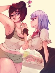 Rule 34 | 10s, 2girls, arm up, armpits, bare shoulders, beige background, black skirt, blue eyes, blush, bow, breasts, brown eyes, brown hair, candy, cleavage, collarbone, crossover, dagashi kashi, dutch angle, eating, feeding, female focus, food, glasses, green shorts, hair bun, hair ornament, hair stick, half-closed eyes, hand up, highres, large breasts, leaning forward, looking to the side, matching hair/eyes, mei (overwatch), multiple girls, open mouth, overwatch, overwatch 1, pocky, purple hair, red bow, rtil, scrunchie, shidare hotaru, shirt, short hair, short shorts, short sleeves, shorts, simple background, single hair bun, skirt, sleeveless, sleeveless shirt, smile, snowflake hair ornament, standing, thick thighs, thighs, wrist scrunchie