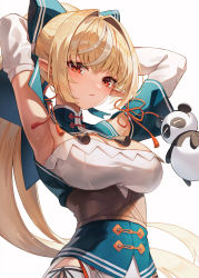 Rule 34 | 1girl, absurdres, armpits, arms behind head, blonde hair, blue bow, blush, bow, breasts, cleavage, closed mouth, dark-skinned female, dark skin, hair bow, highres, hololive, kintsuba (shiranui flare), large breasts, long hair, looking at viewer, multicolored hair, myung yi, pointy ears, red eyes, shiranui flare, shiranui flare (old design), simple background, two-tone hair, very long hair, virtual youtuber, white background, white hair