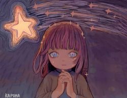 Rule 34 | 1girl, artist name, heart, heart-shaped pupils, highres, kapura, long hair, looking at viewer, original, own hands together, purple eyes, purple hair, shooting star, signature, solo, sparkle, star (symbol), symbol-shaped pupils, upper body