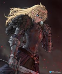 Rule 34 | 1girl, armor, blonde hair, blood, blood in hair, blood on clothes, blood on face, bloody weapon, blue eyes, breastplate, commentary, commission, cowboy shot, elf, english commentary, flower, gauntlets, hair between eyes, highres, holding, holding sword, holding weapon, long hair, original, plate armor, pointy ears, robusta mania, smoke, solo, standing, sword, twitter logo, twitter username, warrior, watermark, weapon