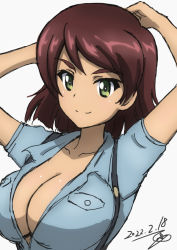 Rule 34 | 1girl, aoshidan school uniform, blush, breasts, brown hair, bukkuri, cleavage, closed mouth, collarbone, dated, girls und panzer, green eyes, large breasts, looking at viewer, school uniform, shiny skin, short hair, simple background, smile, solo, tristana (girls und panzer), upper body, white background