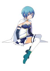 Rule 34 | 1girl, belt, blue eyes, blue hair, blue skirt, boots, cape, chio kitsune, frilled shirt, frills, full body, gloves, happy, highres, invisible chair, looking away, mahou shoujo madoka magica, mahou shoujo madoka magica (anime), miki sayaka, shaded face, shirt, short hair, simple background, sitting, skirt, sleeveless, smile, solo, thighhighs, thighs, white background, white gloves, white thighhighs