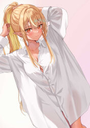 Rule 34 | 1girl, absurdres, blonde hair, blush, breasts, closed mouth, collarbone, collared shirt, commentary request, dark-skinned female, dark skin, dutch angle, elf, hair between eyes, highres, hololive, long hair, looking at viewer, medium breasts, multicolored hair, naked shirt, oniku (o29sukizero), pointy ears, ponytail, red eyes, see-through, see-through shirt, shiranui flare, shirt, sidelocks, smile, solo, streaked hair, tying hair, virtual youtuber, white background, white shirt, wing collar
