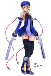 Rule 34 | 1girl, absurdres, arc system works, bare shoulders, beret, black thighhighs, blazblue, blonde hair, blue footwear, boots, breasts, dated, detached sleeves, dual wielding, early type, gloves, green eyes, gun, halterneck, hat, highres, holding, minidisc, noel vermillion, ribbon, short hair, sidelocks, signature, solo, thighhighs, uniform, weapon, white gloves, zettai ryouiki